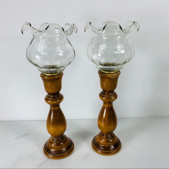 Early American Colonial Wood Fluted Candle Sticks